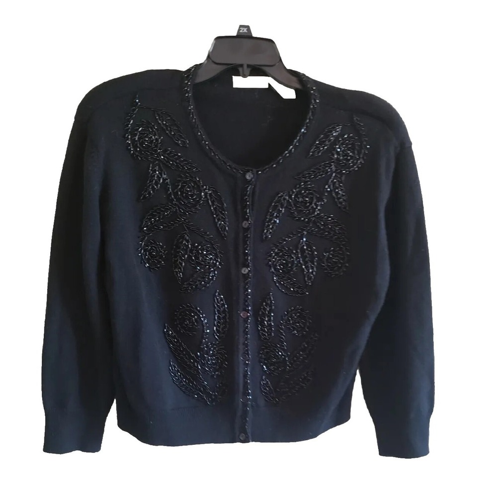 Vintage Liz Claiborne Petite M Merino wool Cardigan Beaded Sweater Shoulder Pads